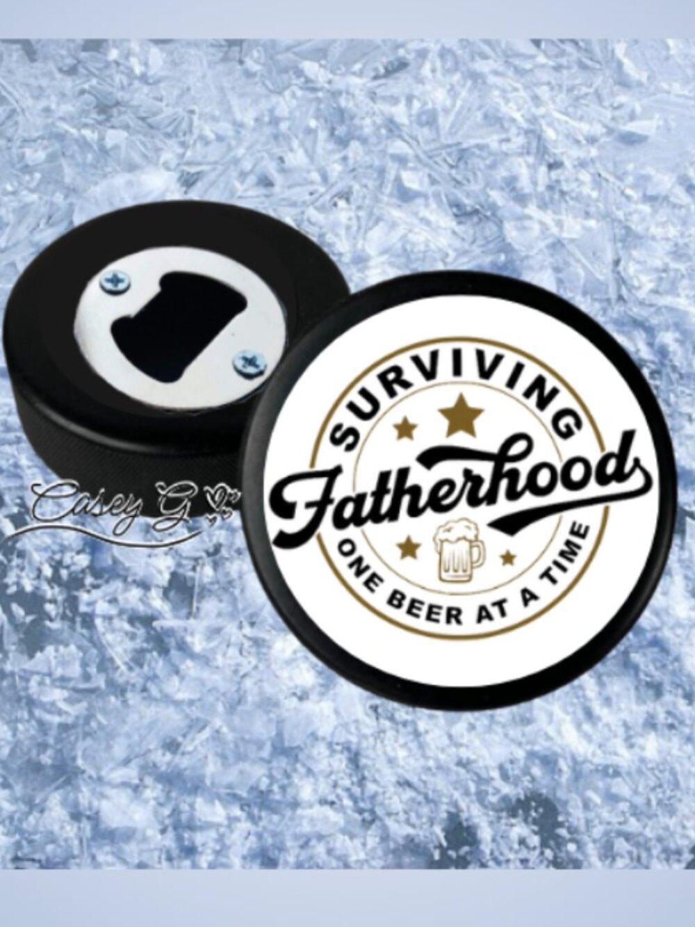 🏒NEW**Surviving Fatherhood**Father's Day Gift*REAL Hockey Puck Bottle Opener